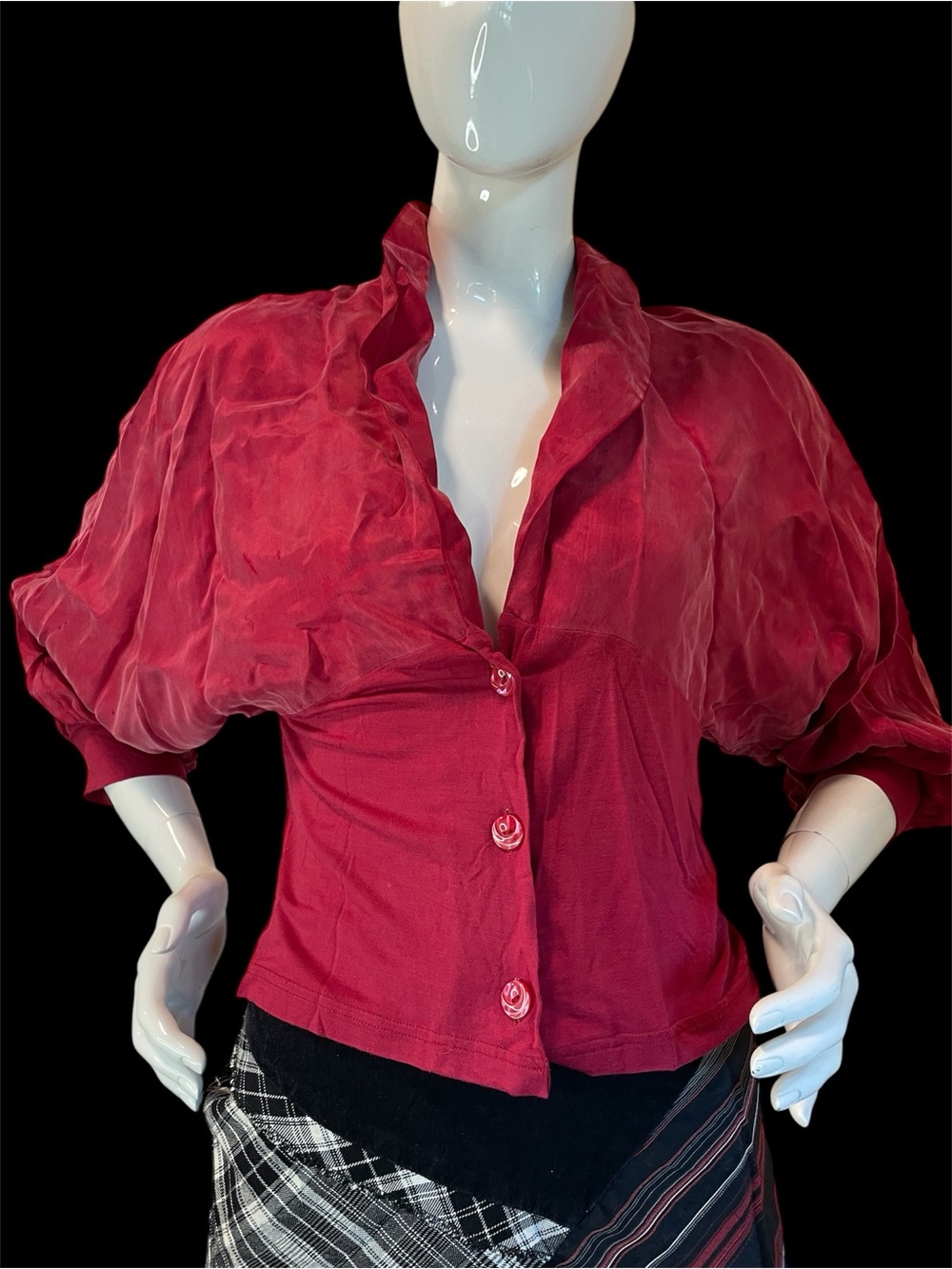 Vintage Women's Rose-Red Puff Sleeve Button-Front Blouse